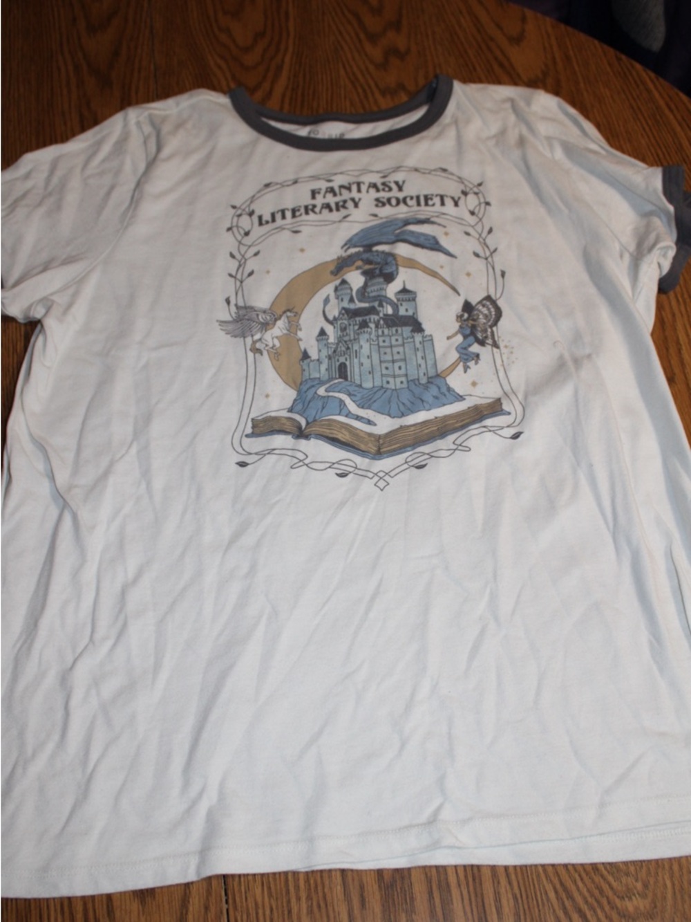 torrid White Ringer Graphic Tee with Blue and Tan Castle Print